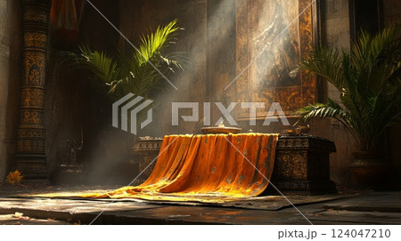 Sunbeams illuminate a sacred altar draped in orange fabric, surrounded by potted plants within an ancient temple. The scene evokes a sense of peace and reverence 124047210