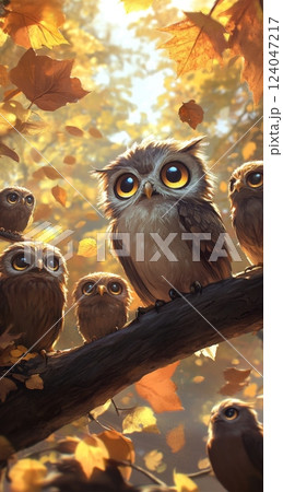 Adorable baby owls perched on a branch, surrounded by autumn leaves. A perfect image for Festival of Owls Week 124047217