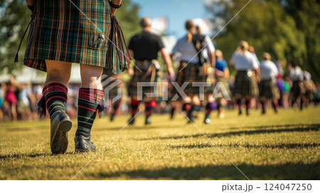 Groups of performers dressed in kilts are dancing on a grassy field during a lively outdoor festival. 124047250
