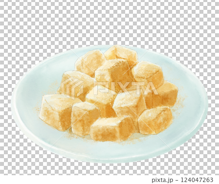 Watercolor illustration of warabimochi (roasted soybean flour) served on a plate 124047263