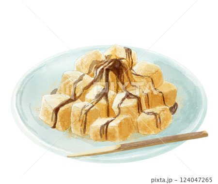 お皿に盛ったわらび餅の水彩イラスト(黒蜜きなこ) 124047265