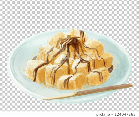 お皿に盛ったわらび餅の水彩イラスト(黒蜜きなこ) 124047265