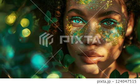 A woman with blue eyes and green and gold glitter makeup looks directly at the camera, surrounded by lush greenery. 124047515