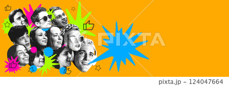 Collage of people expressing emotions, engaging in conversation. Showcasing teamwork, positive feedback, and audience engagement. 124047664