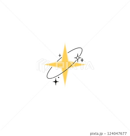 Sparkle star gradient blurred element with line art ring and sparkles, vector Y2K yellow soft flash effect, space decor 124047677