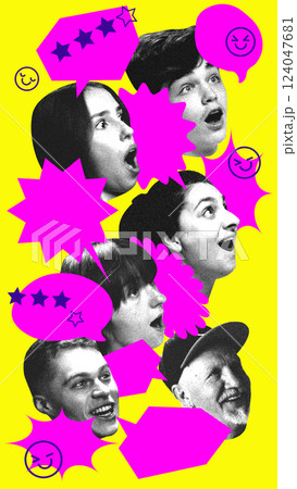 Amazed human expressions with speech bubbles and rating symbols. Visualizing brand impact, customer feedback, and positive experiences. Amazed human expressions with speech bubbles and rating symbols. Visualizing brand impact, customer feedback, and positive experiences. 124047681