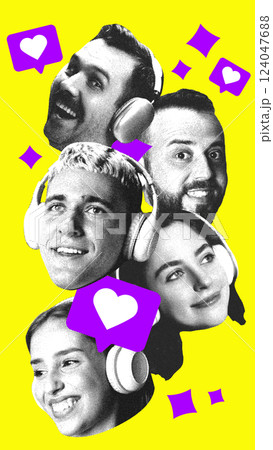 People with headphones surrounded by digital appreciation icons. Expressing enjoyment, customer feedback, and product experience. People with headphones surrounded by digital appreciation icons. Expressing enjoyment, customer feedback, and product experience. 124047688