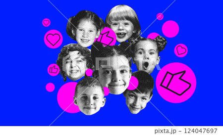 Happy children surrounded by digital approval icons. Symbolizing trust, brand engagement, and positive testimonials. Happy children surrounded by digital approval icons. Symbolizing trust, brand engagement, and positive testimonials. 124047697