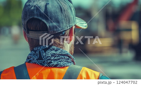 A construction worker stands with a reflective vest and a cap, watching ongoing tasks at a worksite on a sunny day. 124047702