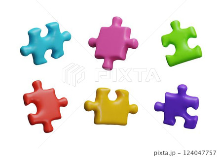 Colorful puzzle pieces 3D cartoon plastic style vector set, jigsaw details, logic game toy, choice variation connecting Colorful puzzle pieces 3D cartoon plastic style vector set, jigsaw details, logic game toy, choice variation connecting 124047757