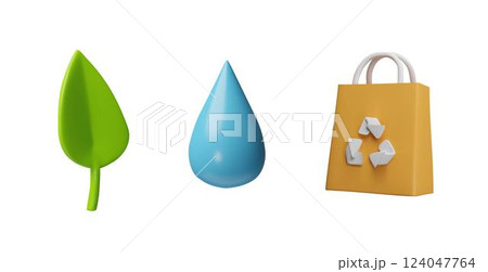 Brown paper bag with recycle sign, water drop, green leaf 3D cartoon vector icon set, environment conservation concept 124047764