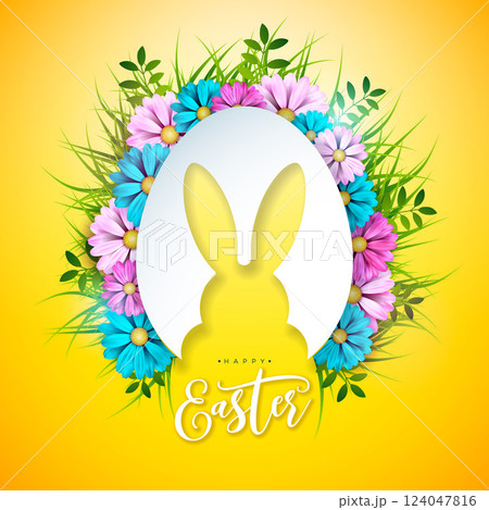 Happy Easter Holiday Illustration with Flower, Painted Egg and Rabbit Ears on Yellow Background. International Religious Celebration Design with Typography Letter for Greeting Card or Banner. Happy Easter Holiday Illustration with Flower, Painted Egg and Rabbit Ears on Yellow Background. International Religious Celebration Design with Typography Letter for Greeting Card or Banner. 124047816