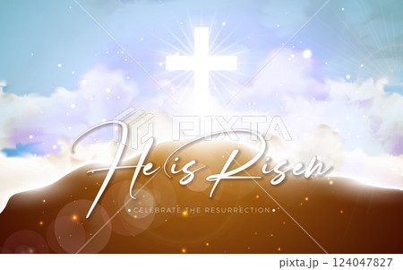Easter Holiday Illustration with Cloud on Sunny Sky Background. He is Risen. Vector Christian Religious Design for Resurrection Celebrate Theme Poster Template for Banner, Invitation or Greeting Card. Easter Holiday Illustration with Cloud on Sunny Sky Background. He is Risen. Vector Christian Religious Design for Resurrection Celebrate Theme Poster Template for Banner, Invitation or Greeting Card. 124047827