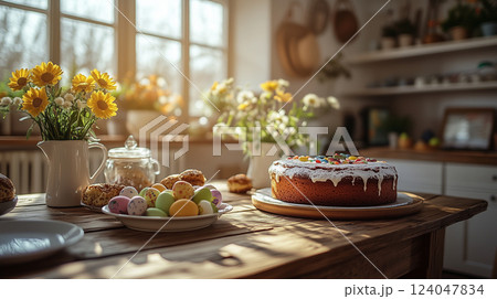 Colorful Easter cake and decorated eggs on a rustic table in a bright kitchen setting 124047834