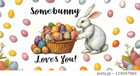 Bunny caring for colorful Easter eggs in a festive spring setting 124047960