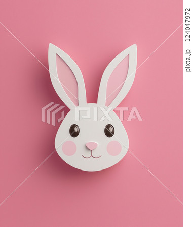 Cute Easter bunny face decoration on soft pink background for festive celebrations 124047972