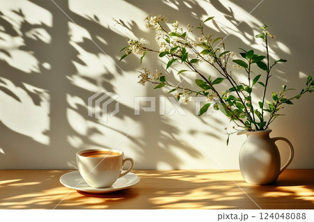 窓際のテーブルの上に置かれたコーヒー 124048088