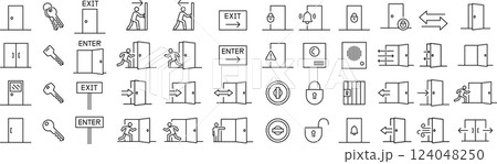 ベクターでモノクロのドアに関する線画アイコンセット 124048250