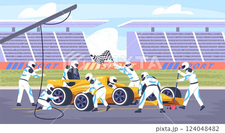 Race pit stop. Formula one race team, mechanic crew fast change tire of racer speed car on racing track driver garage f1 sport engineers teamwork service classy vector illustration 124048482