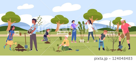 Volunteers plants trees. People with shovel planting sapling tree in city garden green park, public community foresting plantation outdoor spring day, classy vector illustration 124048483