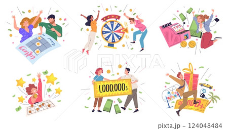 Lottery winners. Happy people draw lucky ticket, raffle win casino prize luck fortune wheel winner with money cheque financial surprise loto million gift classy vector illustration 124048484