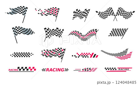 Racing checkered flags. Rally race logo emblems, start finish flag winner goal auto formula motosport symbol checkers speed motion car icon sign set, classy vector illustration 124048485
