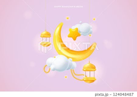 3d crescent ramadan. Ramadhan month moon, eid mubarak kareem fitr muslim islamic holiday celebration abstract mosque creative banner, adha islam ramazan exact vector illustration 124048487