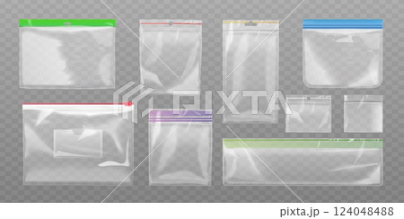Realistic ziplock bags. Zip lock bag isolated clear pvc plastic case, small pack with zipper food packaging or evidence, transparent pouch pocket purse exact vector illustration Realistic ziplock bags. Zip lock bag isolated clear pvc plastic case, small pack with zipper food packaging or evidence, transparent pouch pocket purse exact vector illustration 124048488