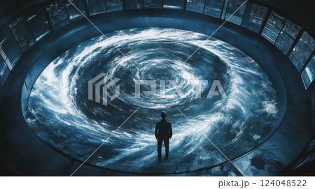 Futuristic meteorology lab with hurricane-tracking displays, immersive research environment. Meteorologist tracks hurricane intensity 124048522