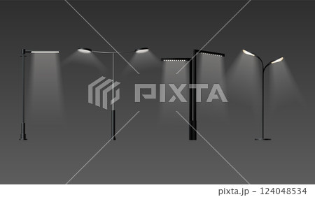 Realistic street lamp. Modern city street lights row for night road or park alley, outdoor streetlight outdoor pole lamps lamppost glow led lantern, set exact vector illustration 124048534