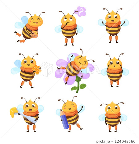 Honey bees characters. Cartoon bee mascot, flying honeybee adorable wasp cute characters with happy face expressions animal insect bug children series set, neat vector illustration 124048560
