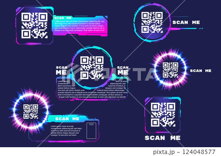 Qr code stickers. Qrcode sticker hud digital cyberpunk design, scan me codes square symbol smartphone id card barcode phone scanning screen frame for pay buy vector illustration Qr code stickers. Qrcode sticker hud digital cyberpunk design, scan me codes square symbol smartphone id card barcode phone scanning screen frame for pay buy vector illustration 124048577