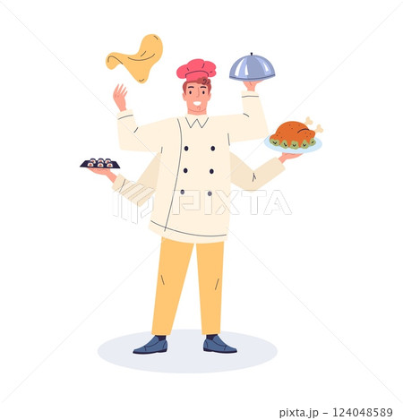 Multitasking cook. Cartoon busy chef character multi hands with food ingredients, talented restaurant kitchen master nutrition recipes concept vector illustration Multitasking cook. Cartoon busy chef character multi hands with food ingredients, talented restaurant kitchen master nutrition recipes concept vector illustration 124048589