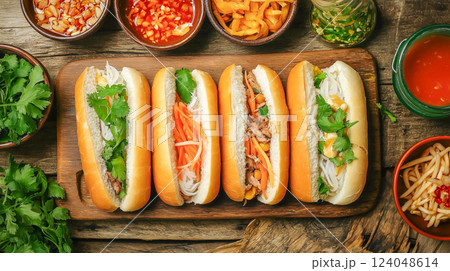 Freshly made banh mi served with vibrant toppings and sauces at a lively street food market in Vietnam 124048614
