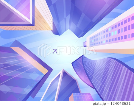City buildings bottom view. Skyscraper tall town commercial building on sky landscape, urban town street architecture looking-up megalopolis cityscape, swanky vector illustration 124048621