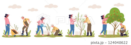 People planting tree stages. Man woman plants care growth fruit trees process, seeding watering cultivation harvesting phases, grow investments concept classy vector illustration 124048622