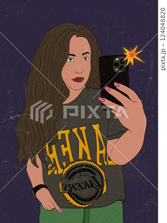 Untitled ArtworkHigh quality artwork. Young woman takes selfies with a smartphone. A girl takes a picture of herself in the mirror. Female portrait on phone Iphone. 124048820