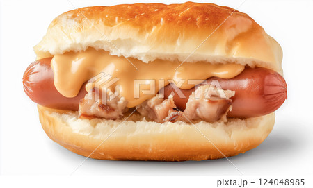 Delicious hot dog served in a soft bun with creamy cheese 124048985