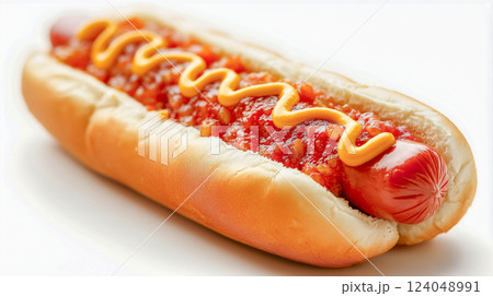 Tasty hot dog topped with mustard and chili served on a soft bun 124048991