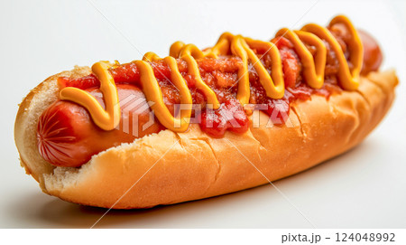 Hot dog served with mustard and ketchup on a fresh bun 124048992