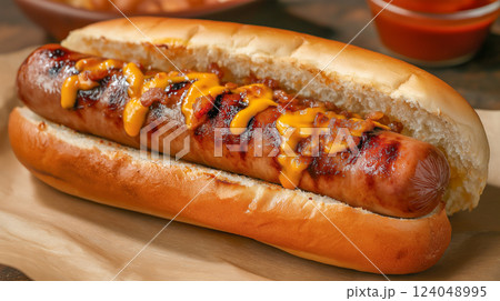 Grilled sausage with melted cheese served in a soft bun with condiments on the side 124048995