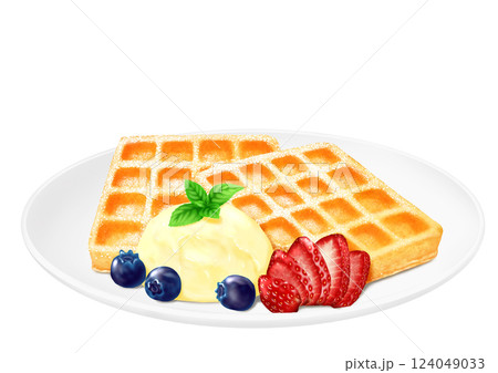 アメリカンワッフル パウダーシュガー アイスクリーム フルーツ アメリカンワッフル パウダーシュガー アイスクリーム フルーツ 124049033