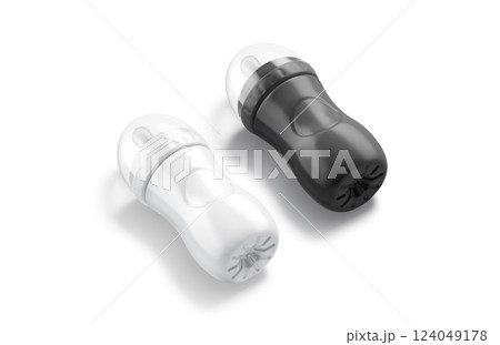 Blank black and white plastic baby bottle mockup lying, isolated Blank black and white plastic baby bottle mockup lying, isolated 124049178