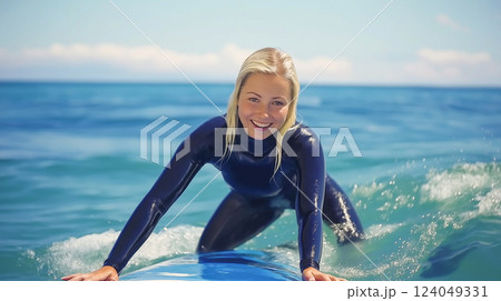 Young woman surfing at the beach with bright blue sky and clear waves 124049331