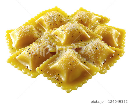 Delicious golden ravioli, seasoned with black pepper and grated cheese, arranged in a visually appealing cluster.  Perfect for food blogs, restaurant menus, or culinarythemed projects. 124049552