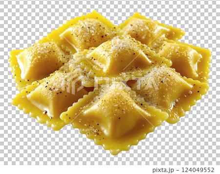 Delicious golden ravioli, seasoned with black pepper and grated cheese, arranged in a visually appealing cluster.  Perfect for food blogs, restaurant menus, or culinarythemed projects. 124049552