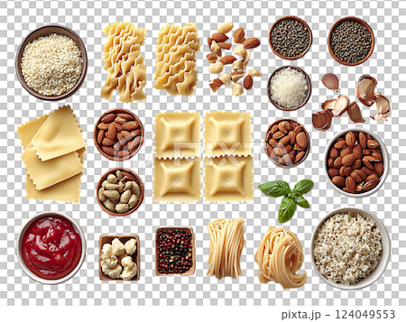 A vibrant flat lay showcasing an array of pasta shapes, nuts, spices, and sauces. Perfect for recipe blogs, food websites, or culinarythemed projects. A vibrant flat lay showcasing an array of pasta shapes, nuts, spices, and sauces. Perfect for recipe blogs, food websites, or culinarythemed projects. 124049553