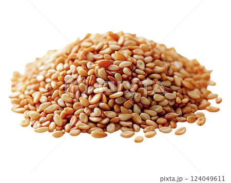 Closeup of a pile of golden sesame seeds against a bright white background.  The image evokes feelings of warmth, health, and natural goodness. 124049611