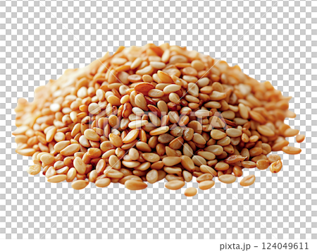 Closeup of a pile of golden sesame seeds against a bright white background.  The image evokes feelings of warmth, health, and natural goodness. 124049611