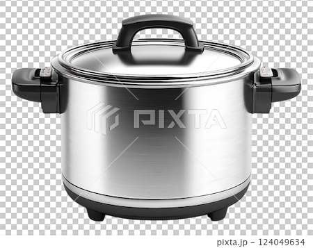 Sleek stainless steel electric cooker, perfect for soups, stews, or rice.  Modern design with easygrip handles and a secure lid. Ideal for food blogs, cooking websites, or appliance catalogs. 124049634